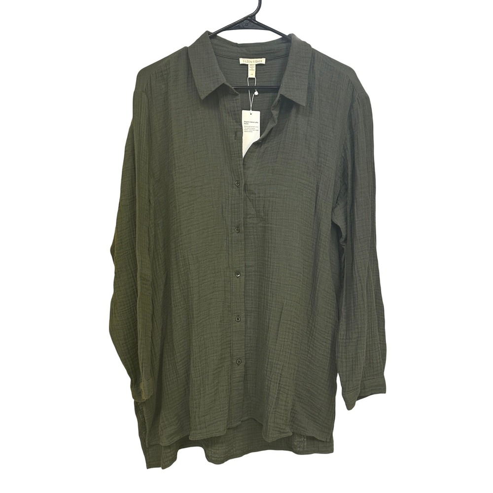 Eileen Fisher NEW Organic Cotton Gauze Classic Collar Shirt Seaweed Green Large